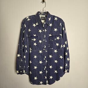 Vintage Star Print Denim Long Sleeve Button Up Shirt Size M Blue White 90s Y2k
